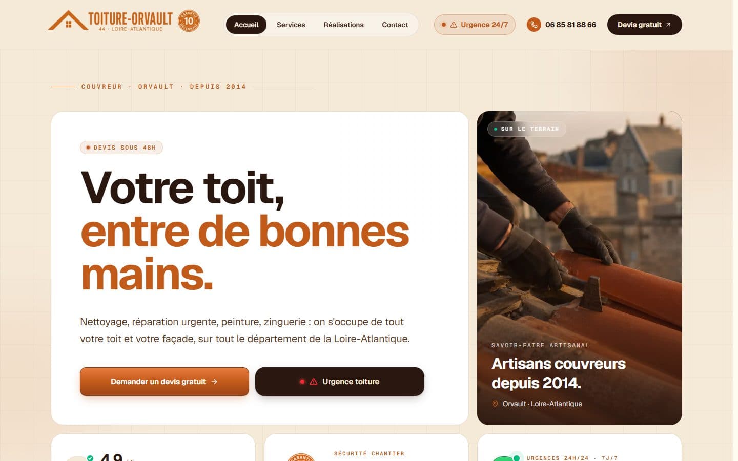 Page d'accueil du site Toiture Orvault